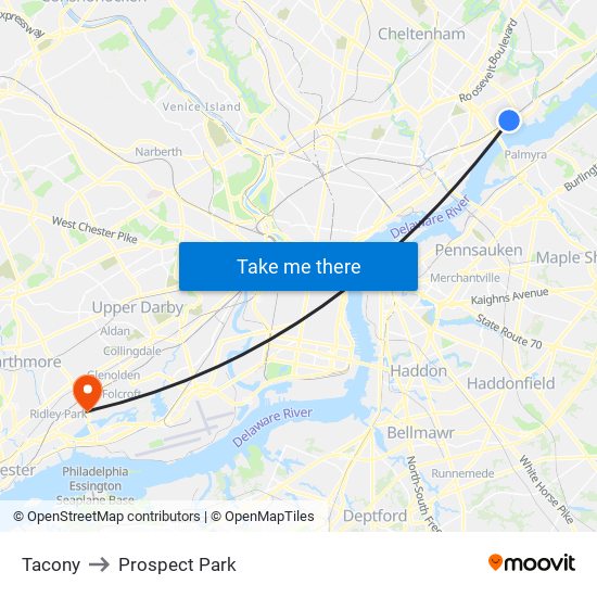Tacony to Prospect Park map