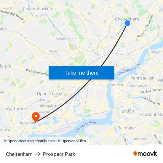 Cheltenham to Prospect Park map