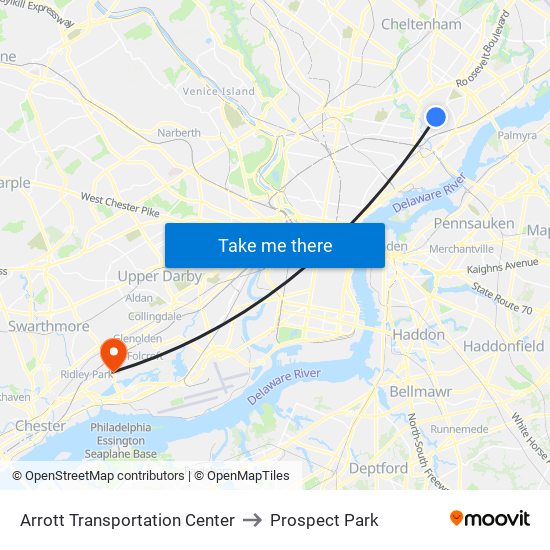 Arrott Transportation Center to Prospect Park map