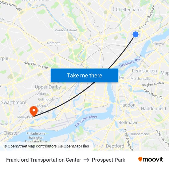 Frankford Transportation Center to Prospect Park map