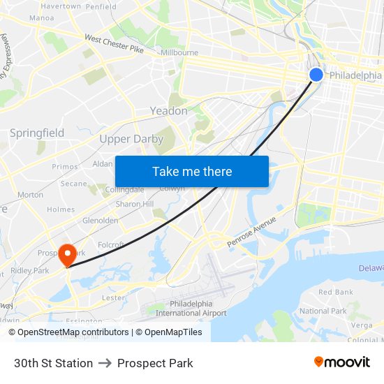 30th St Station to Prospect Park map