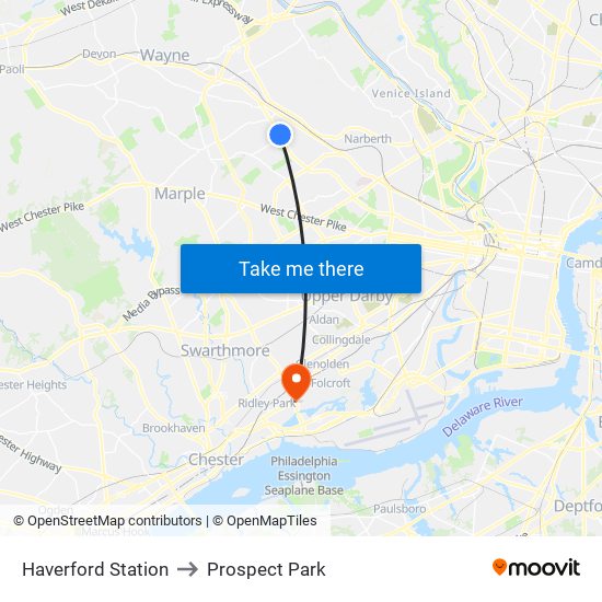 Haverford Station to Prospect Park map
