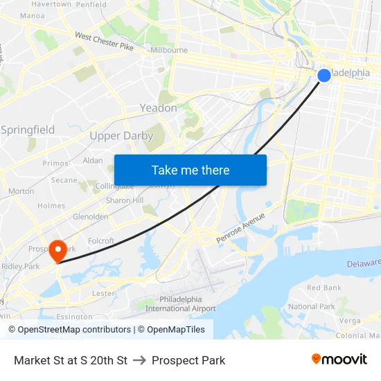 Market St at S 20th St to Prospect Park map