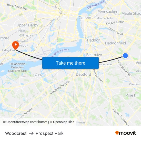 Woodcrest to Prospect Park map