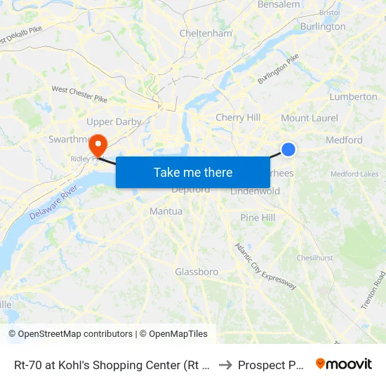 Rt-70 at Kohl's Shopping Center (Rt 73) to Prospect Park map