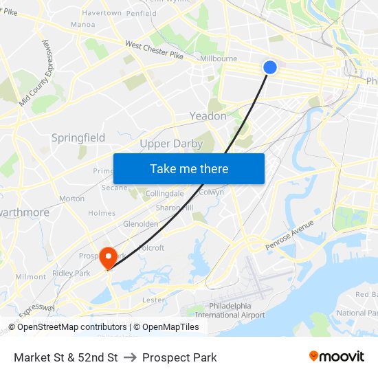 Market St & 52nd St to Prospect Park map