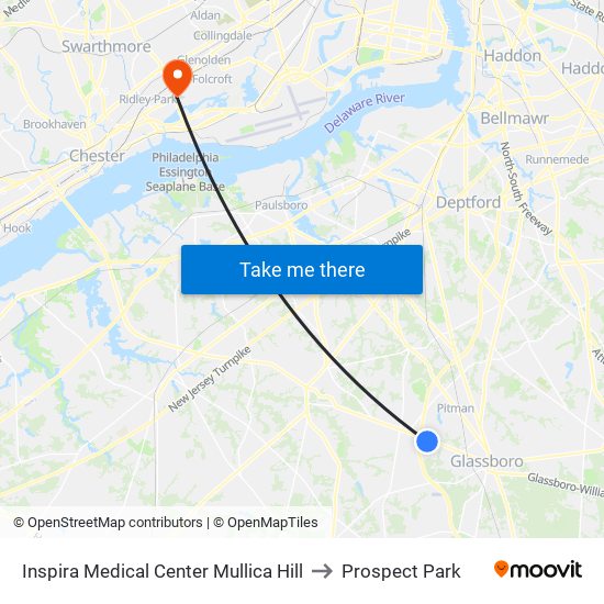 Inspira Medical Center Mullica Hill to Prospect Park map