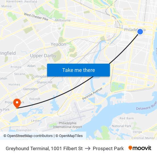 Greyhound Terminal, 1001 Filbert St to Prospect Park map