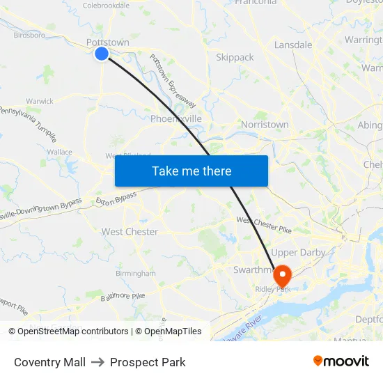 Coventry Mall to Prospect Park map