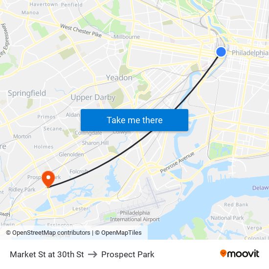 Market St at 30th St to Prospect Park map