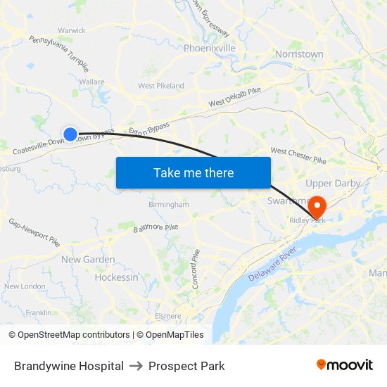 Brandywine Hospital to Prospect Park map