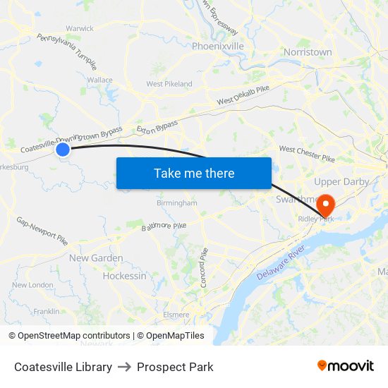 Coatesville Library to Prospect Park map