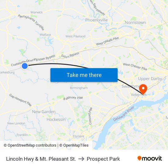 Lincoln Hwy & Mt. Pleasant St. to Prospect Park map