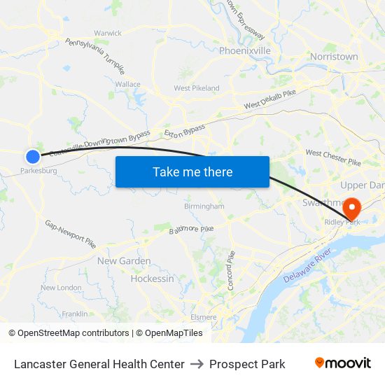 Lancaster General Health Center to Prospect Park map