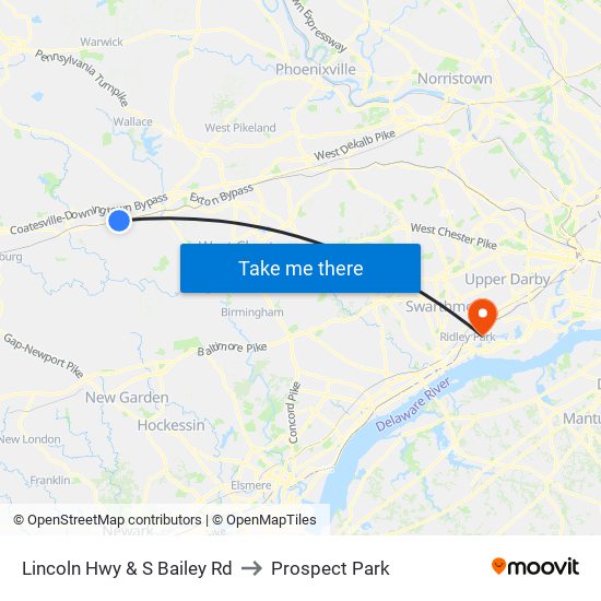 Lincoln Hwy & S Bailey Rd to Prospect Park map