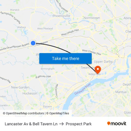 Lancaster Av & Bell Tavern Ln to Prospect Park map