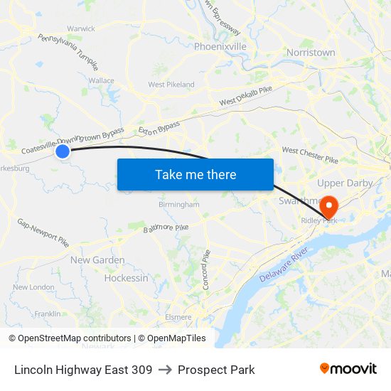Lincoln Highway East 309 to Prospect Park map