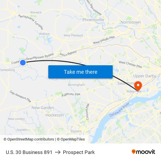 U.S. 30 Business 891 to Prospect Park map