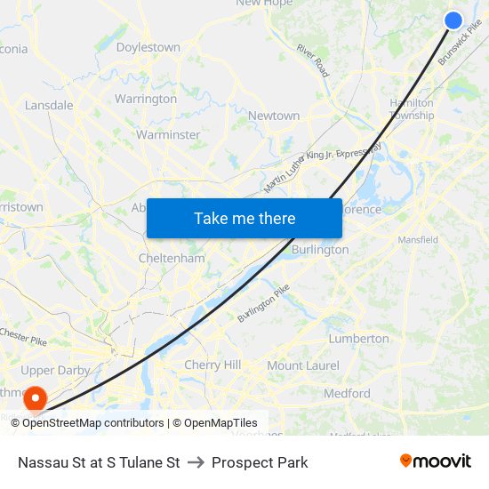 Nassau St at S Tulane St to Prospect Park map