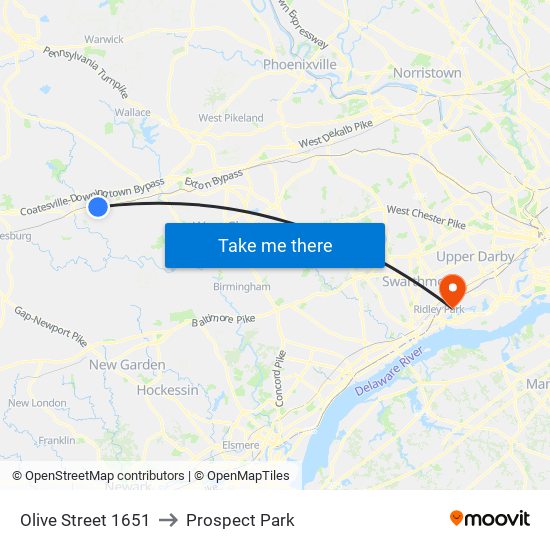 Olive Street 1651 to Prospect Park map