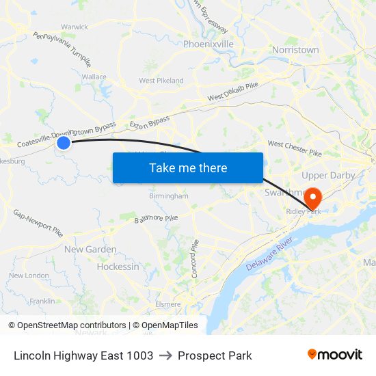 Lincoln Highway East 1003 to Prospect Park map