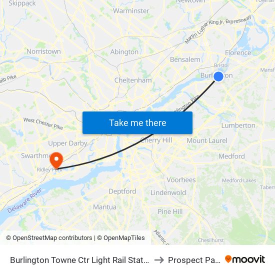 Burlington Towne Ctr Light Rail Station to Prospect Park map