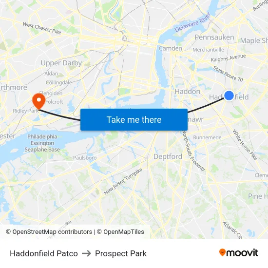 Haddonfield Patco to Prospect Park map