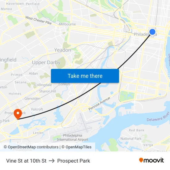 Vine St at 10th St to Prospect Park map