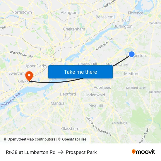 Rt-38 at Lumberton Rd to Prospect Park map