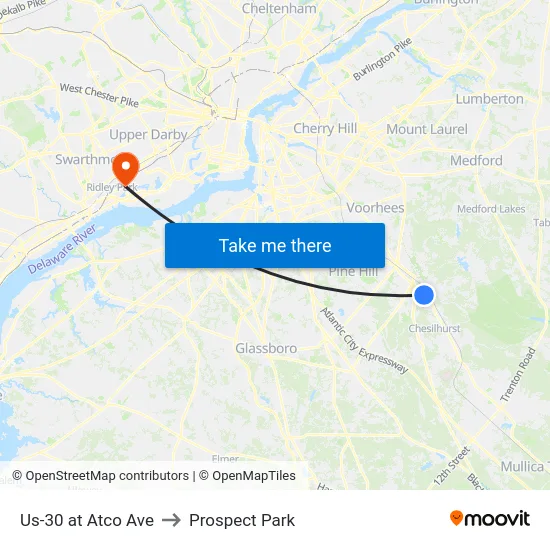 Us-30 at Atco Ave to Prospect Park map