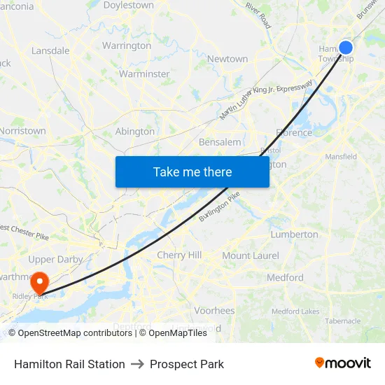 Hamilton Rail Station to Prospect Park map