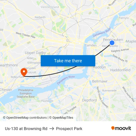 Us-130 at Browning Rd to Prospect Park map