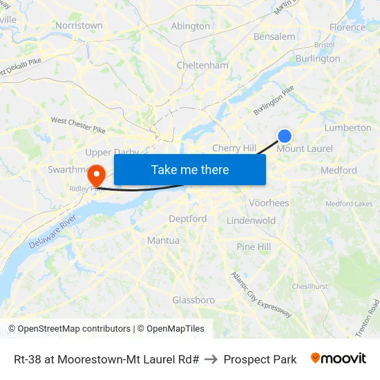 Rt-38 at Moorestown-Mt Laurel Rd# to Prospect Park map