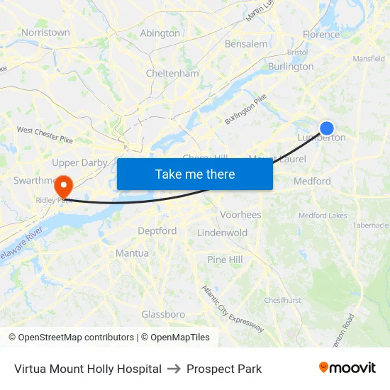 Virtua Mount Holly Hospital to Prospect Park map