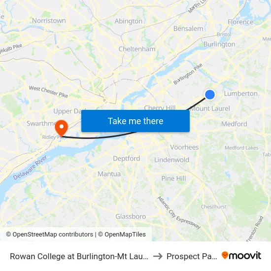 Rowan College at Burlington-Mt Laurel to Prospect Park map