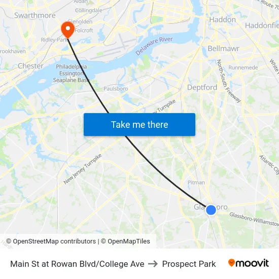 Main St at Rowan Blvd/College Ave to Prospect Park map