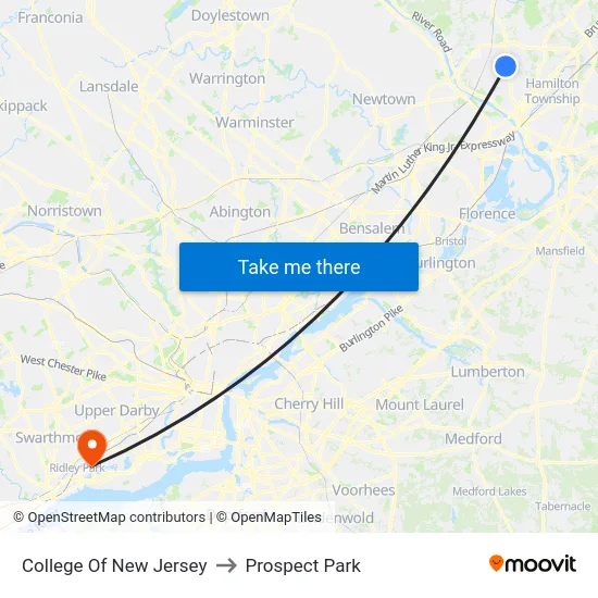 College Of New Jersey to Prospect Park map