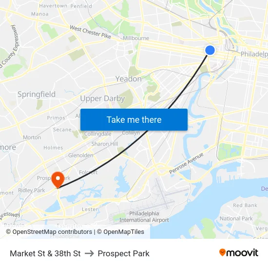 Market St & 38th St to Prospect Park map