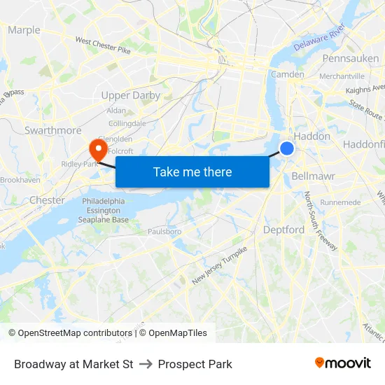 Broadway at Market St to Prospect Park map