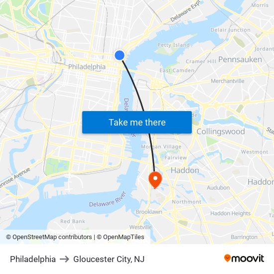 Philadelphia to Gloucester City, NJ map