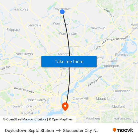 Doylestown Septa Station to Gloucester City, NJ map