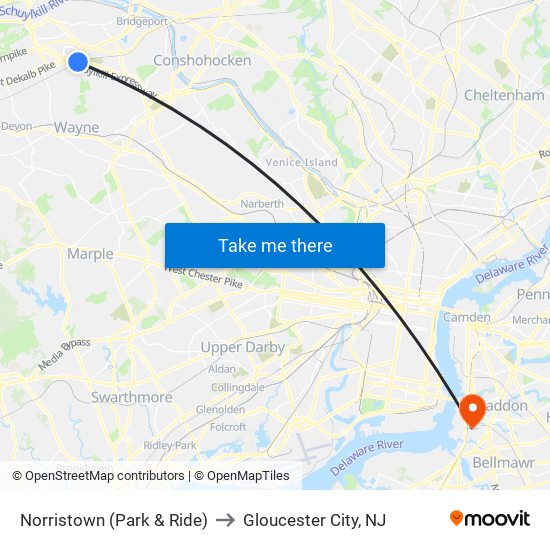Norristown (Park & Ride) to Gloucester City, NJ map