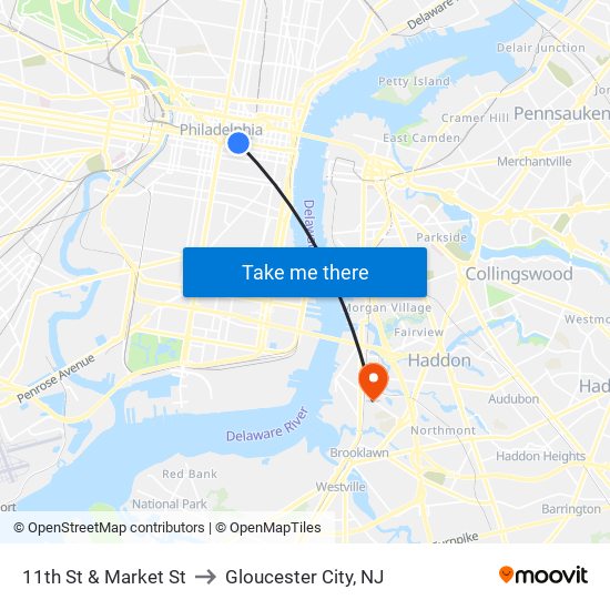 11th St & Market St to Gloucester City, NJ map