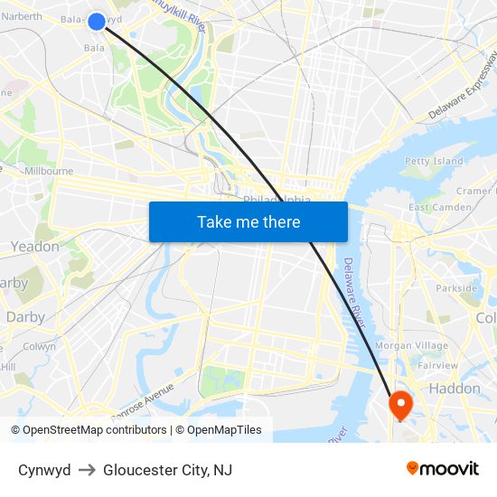 Cynwyd to Gloucester City, NJ map