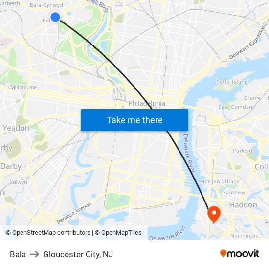 Bala to Gloucester City, NJ map