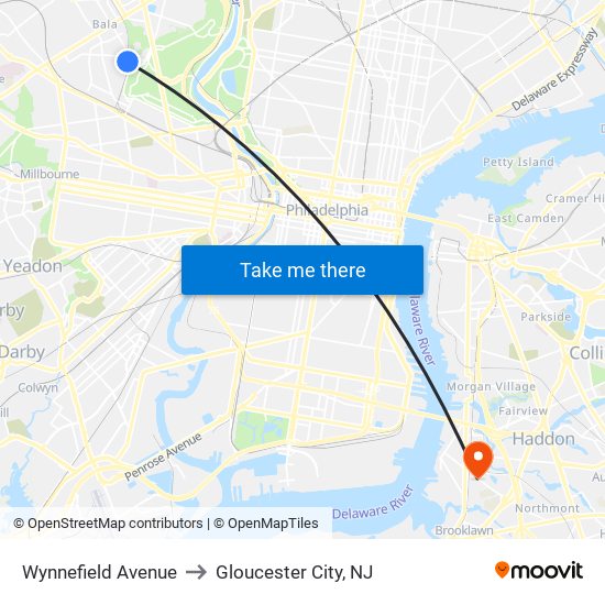 Wynnefield Avenue to Gloucester City, NJ map