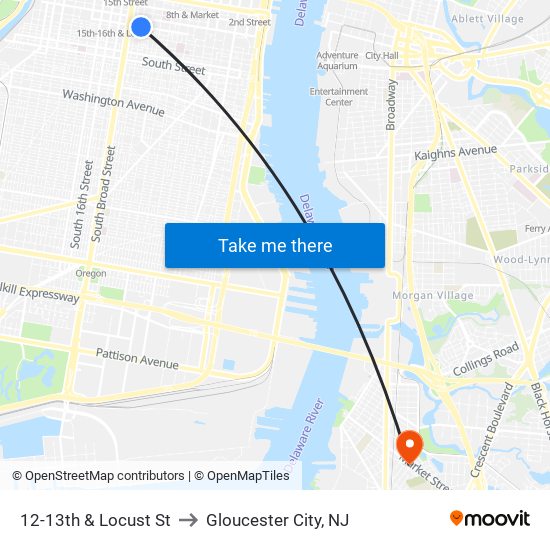 12-13th & Locust St to Gloucester City, NJ map