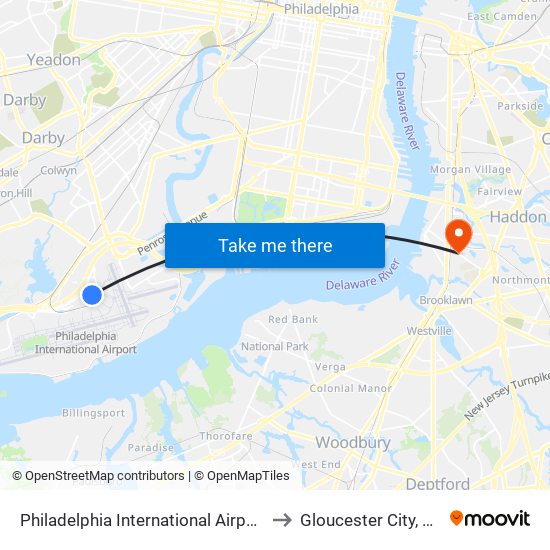 Philadelphia International Airport to Gloucester City, NJ map