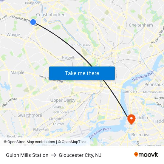 Gulph Mills Station to Gloucester City, NJ map