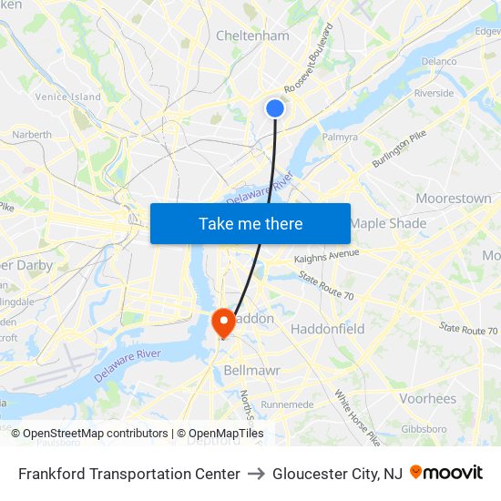 Frankford Transportation Center to Gloucester City, NJ map